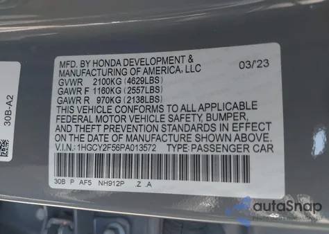 2023 Honda Accord Hybrid Sport из США, поврежденный, VIN 1HGCY2F56PA013572